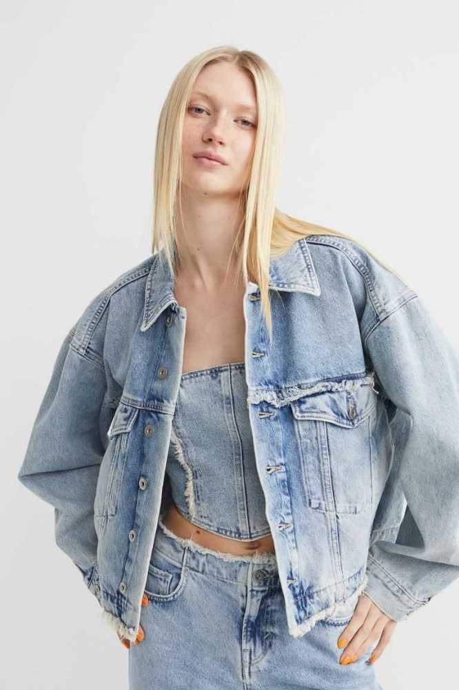 H&M Boxy Denim Jacke Damen Hellblau | 1470-RFUVC