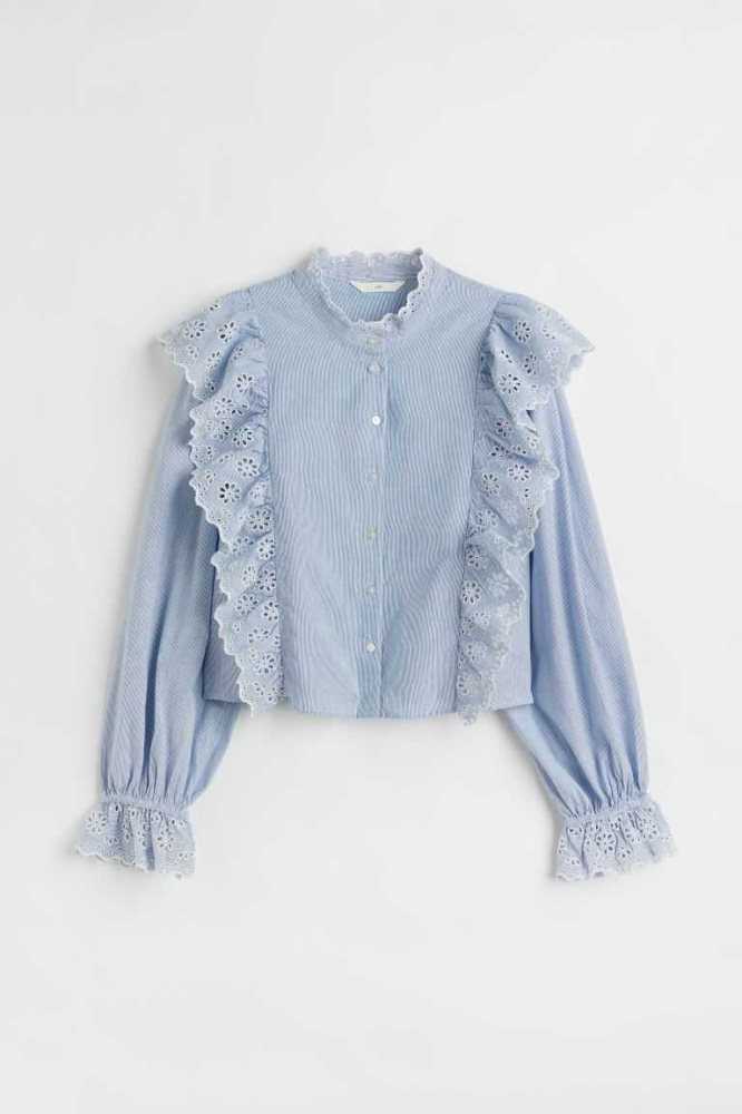 H&M Broderie-detail flounced Bluse Damen Hellblau | 2895-ZPVCU