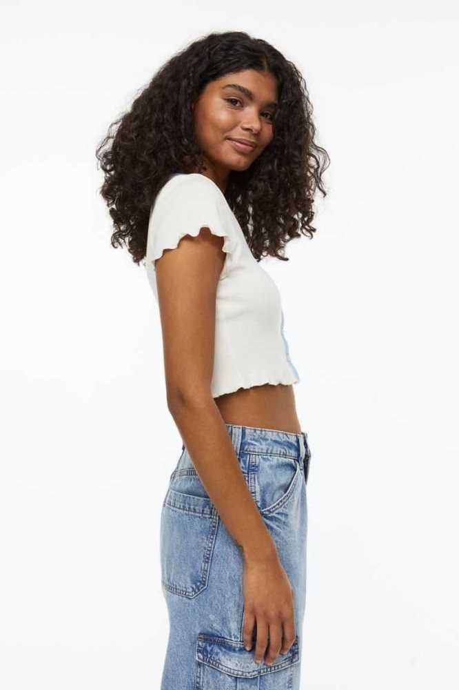 H&M Button-front Crop Oberteile Damen Weiß | 6145-QDYBF