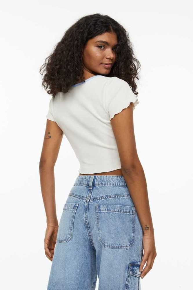 H&M Button-front Crop Oberteile Damen Weiß | 6145-QDYBF