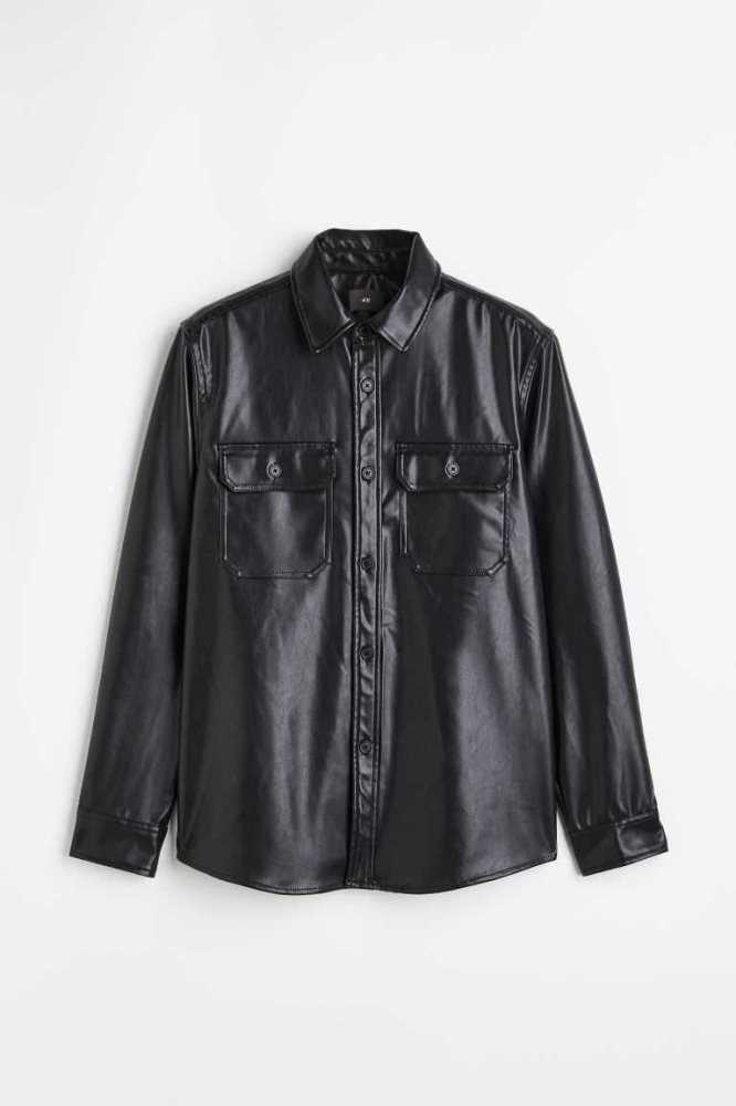 H&M Coated Hemd Herren Schwarz | 7419-YZAOP