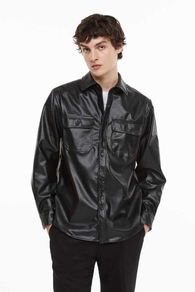 H&M Coated Hemd Herren Schwarz | 7419-YZAOP