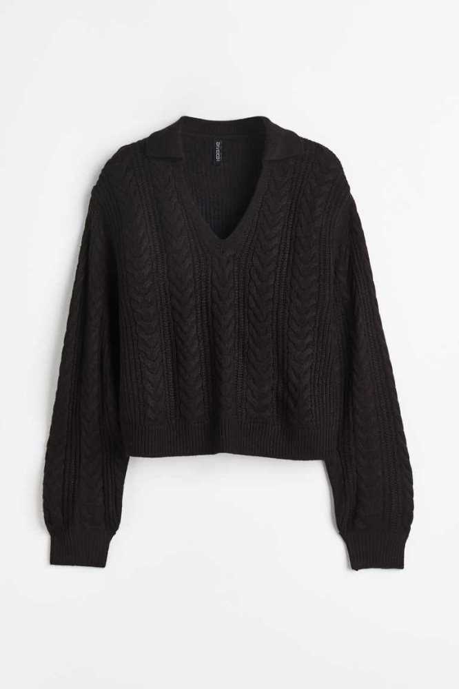 H&M Collared Cable-knit Pullover Damen Schwarz | 0789-CIUYW