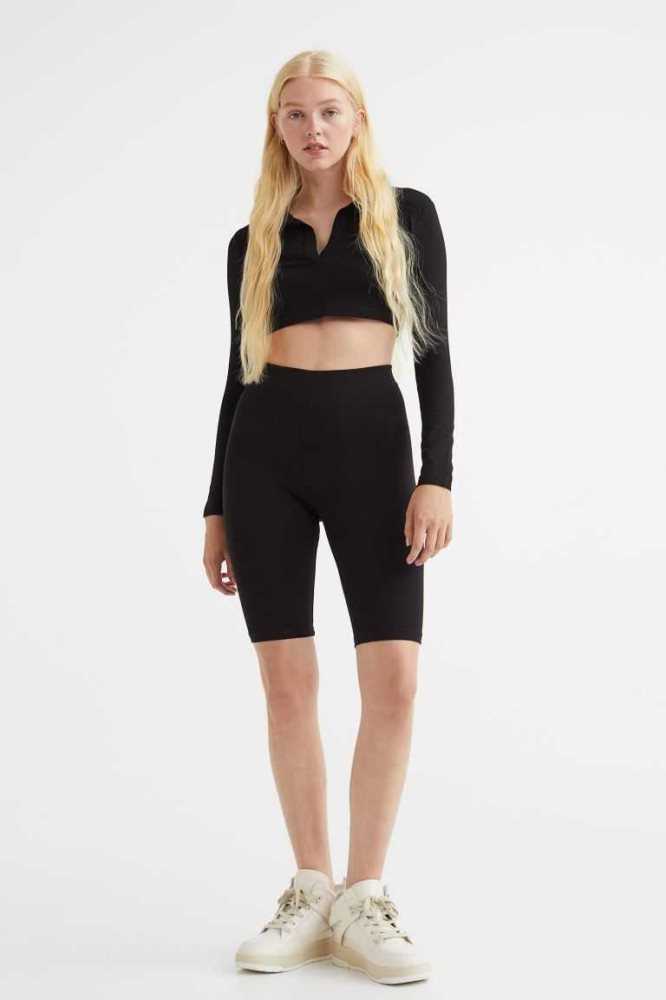 H&M Collared Crop Oberteile Damen Schwarz | 1460-KAPDC