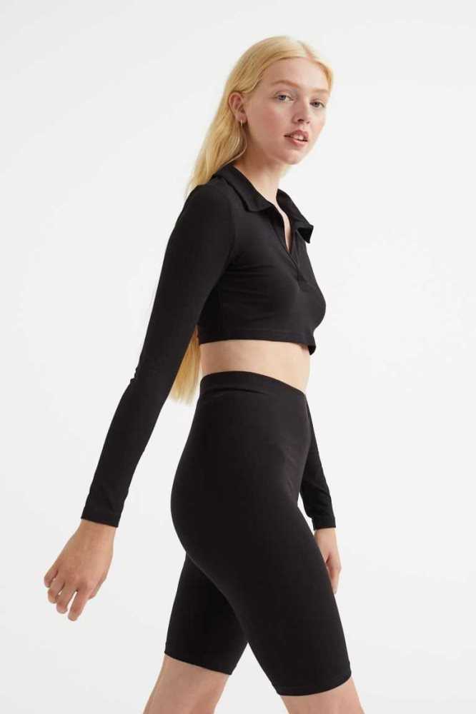 H&M Collared Crop Oberteile Damen Schwarz | 1460-KAPDC