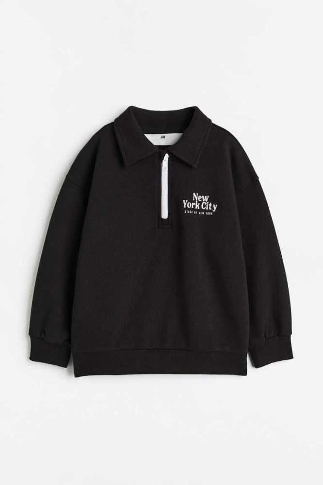 H&M Collared Half-zip Hemd Kinder Schwarz | 1573-KXRDH