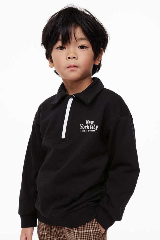 H&M Collared Half-zip Hemd Kinder Schwarz | 1573-KXRDH