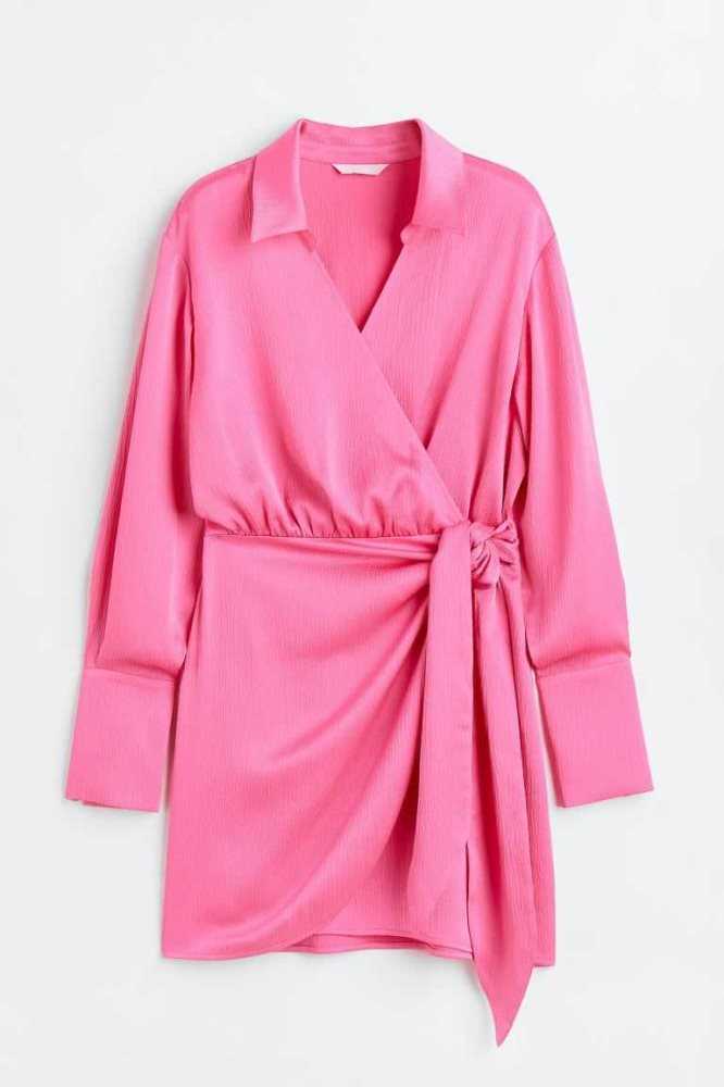 H&M Creped Satin Wrapover Shirt Kleider Damen Rosa | 2315-NQJVY