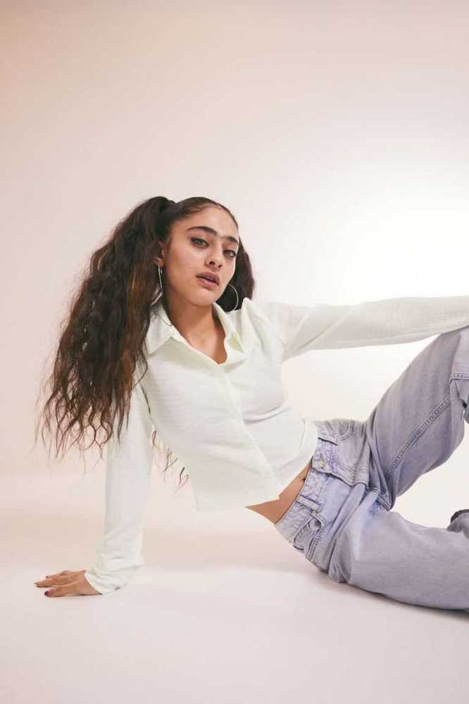 H&M Crinkled Shirt Bluse Damen Weiß | 8096-FYHGW