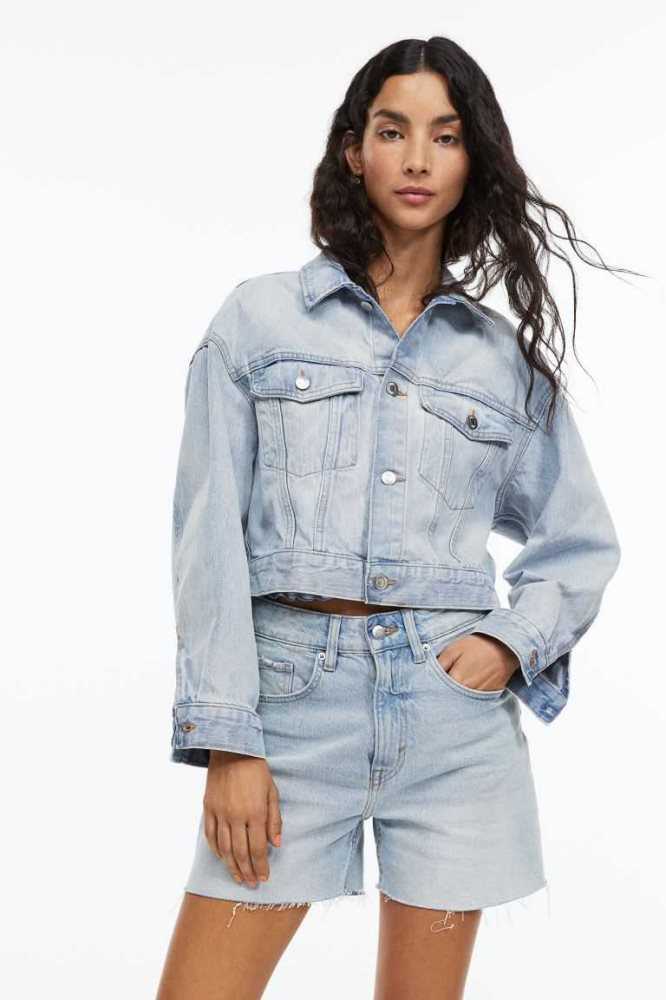 H&M Crop Denim Jacke Damen Hellblau | 2760-VRENB