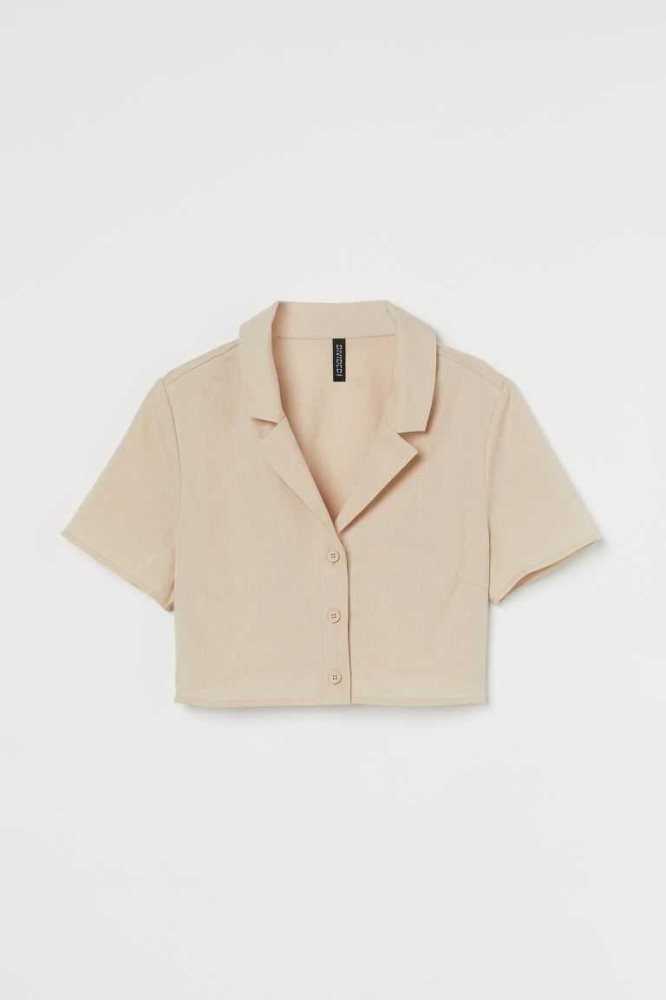 H&M Crop Shirt Bluse Damen Hellbeige Weiß | 8527-QVTUC