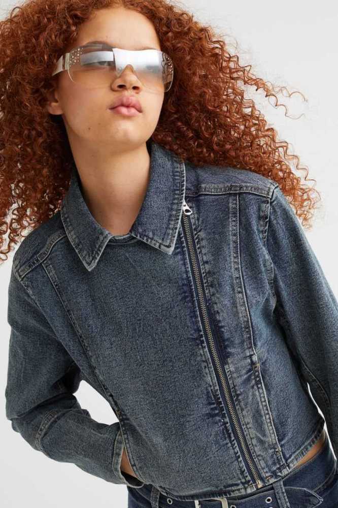 H&M Denim Biker Jacke Damen Blau | 1687-ZAKBS