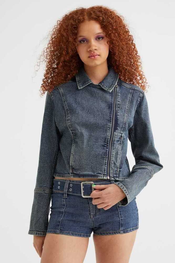 H&M Denim Biker Jacke Damen Blau | 1687-ZAKBS