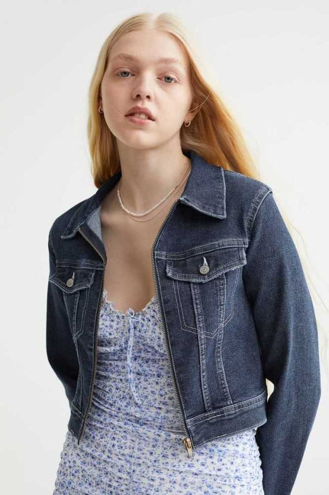 H&M Denim Crop Jacke Damen Dunkelblau | 5240-MOFNH