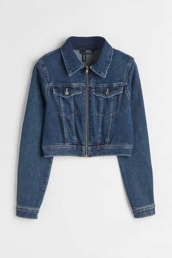 H&M Denim Crop Jacke Damen Dunkelblau | 5240-MOFNH