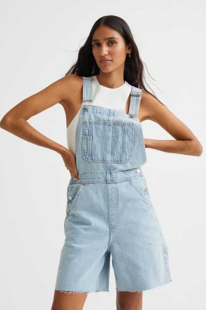 H&M Denim Overall Kurze Hose Damen Hellblau | 2164-REVXM