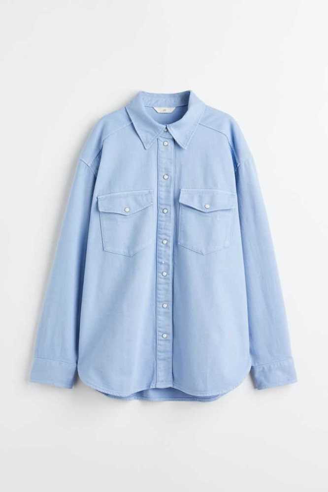 H&M Denim Shirt Bluse Damen Hellblau | 3049-EIOXB