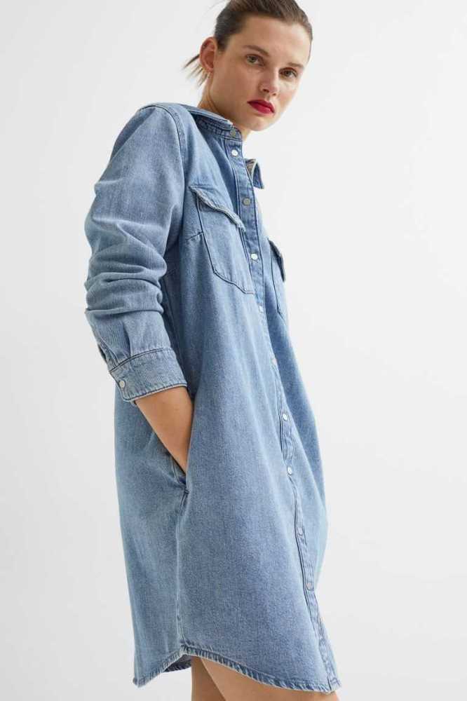 H&M Denim Shirt Kleider Damen Hellblau | 7025-DZJIP