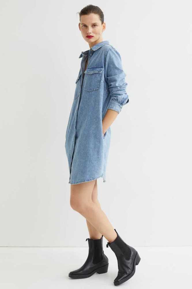 H&M Denim Shirt Kleider Damen Hellblau | 7025-DZJIP