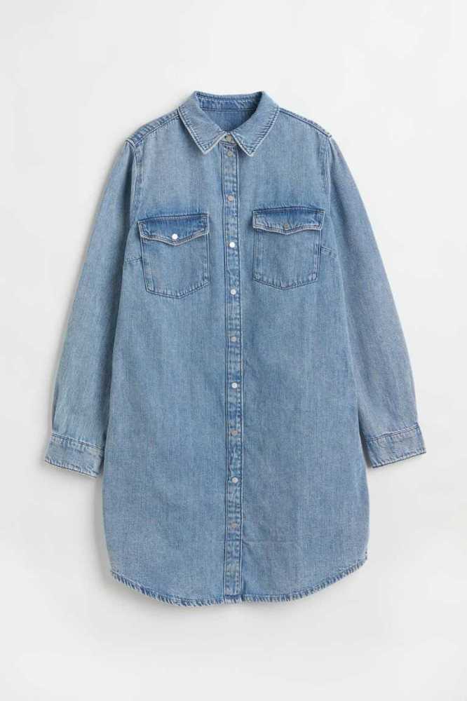 H&M Denim Shirt Kleider Damen Hellblau | 7025-DZJIP