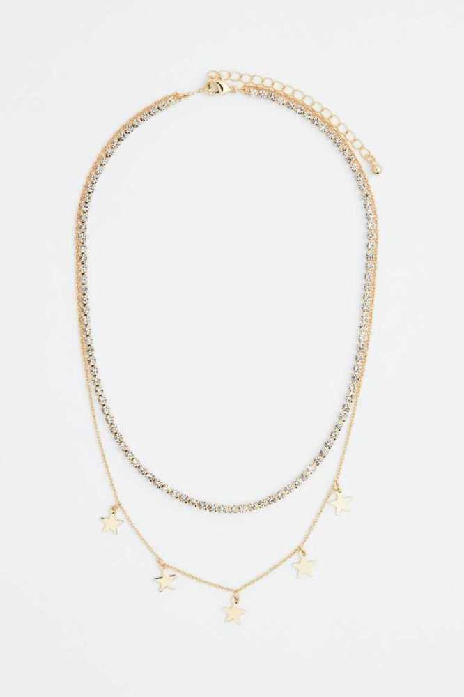 H&M Double-strand Rhinestone Ketten Damen Gold | 1745-BKZHQ