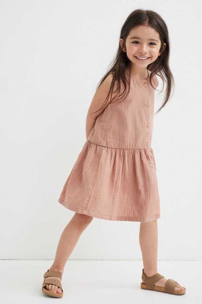 H&M Double-weave Baumwoll Kurzes Kleid Kinder Beige Rosa | 2109-LKPEY