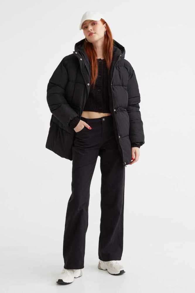 H&M Drawstring-waist Puffer Jacke Damen Schwarz | 3457-RDLEF