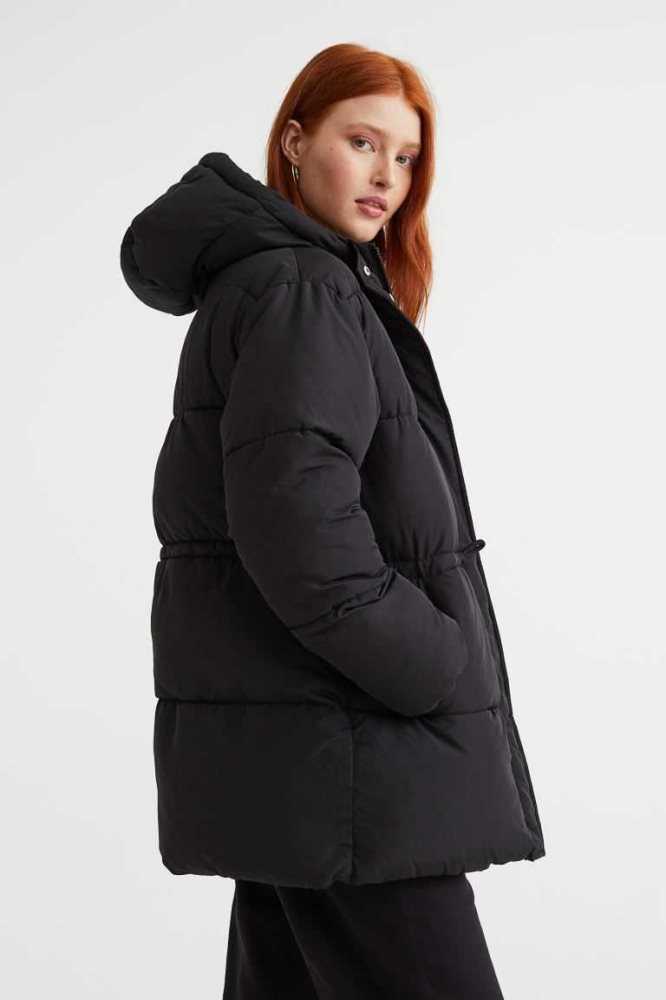 H&M Drawstring-waist Puffer Jacke Damen Schwarz | 3457-RDLEF