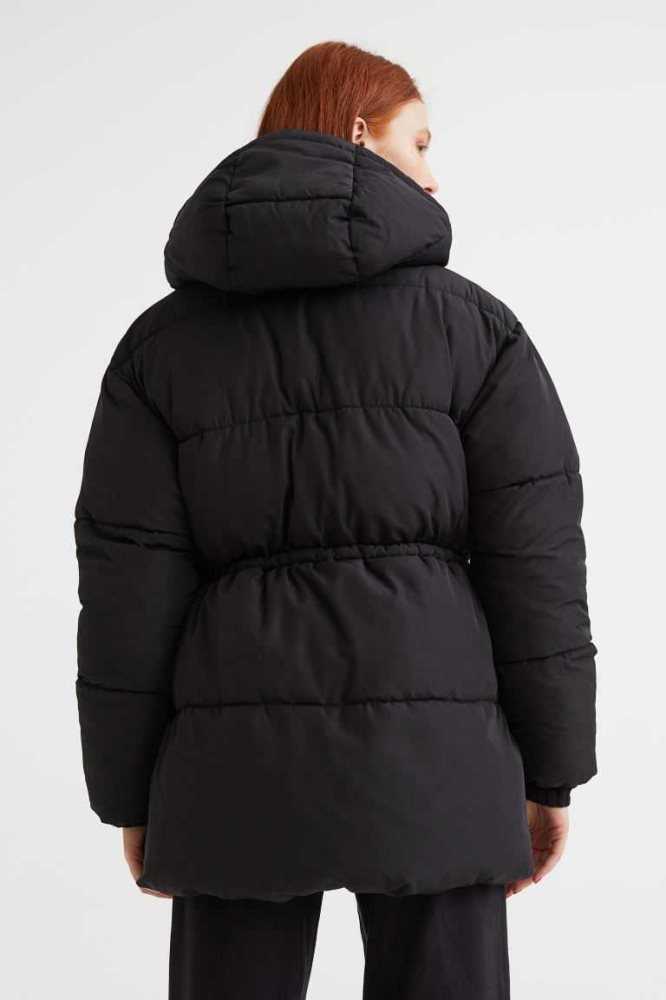 H&M Drawstring-waist Puffer Jacke Damen Schwarz | 3457-RDLEF