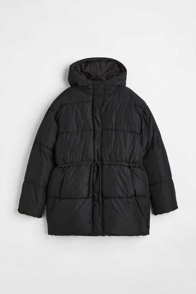 H&M Drawstring-waist Puffer Jacke Damen Schwarz | 3457-RDLEF