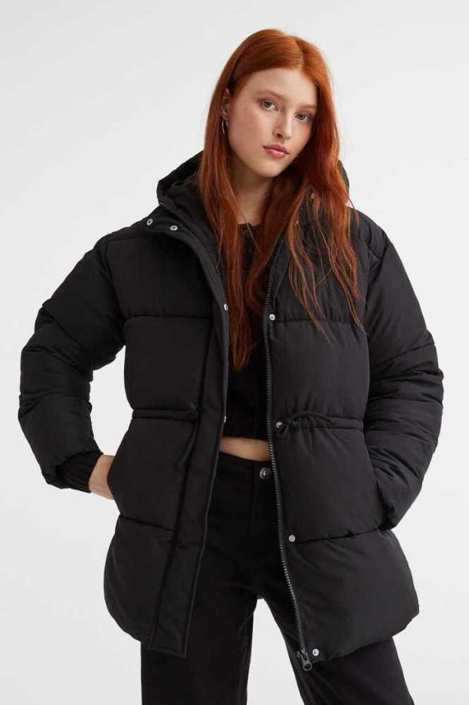 H&M Drawstring-waist Puffer Jacke Damen Schwarz | 3457-RDLEF