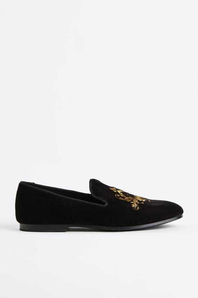 H&M Embroidered Velour Loafers Herren Schwarz | 3851-OMVFN