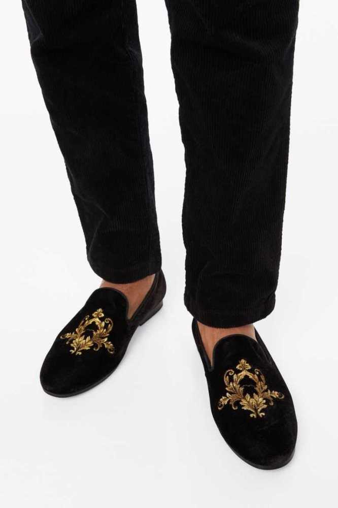 H&M Embroidered Velour Loafers Herren Schwarz | 3851-OMVFN