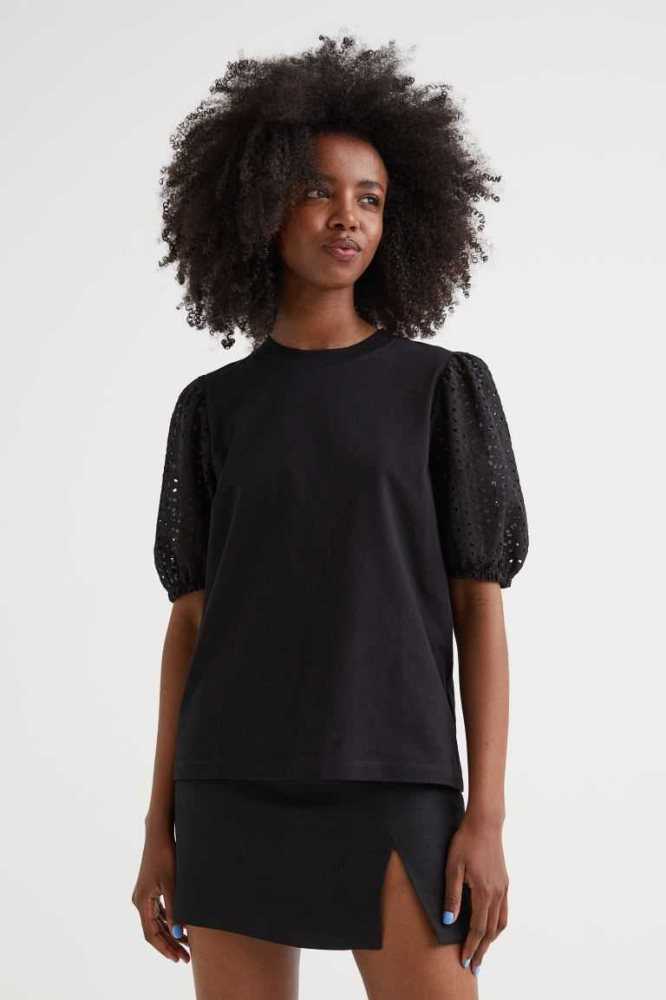 H&M Embroidered-sleeve T-shirt Oberteile Damen Schwarz | 6745-GCWDB