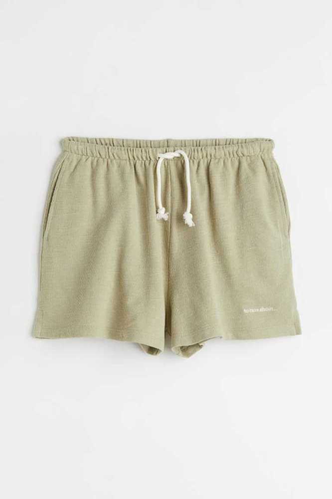 H&M Embroidery-detail Jersey Shorts Loungewear Damen Hellolivgrün Grün | 9801-TGHLZ