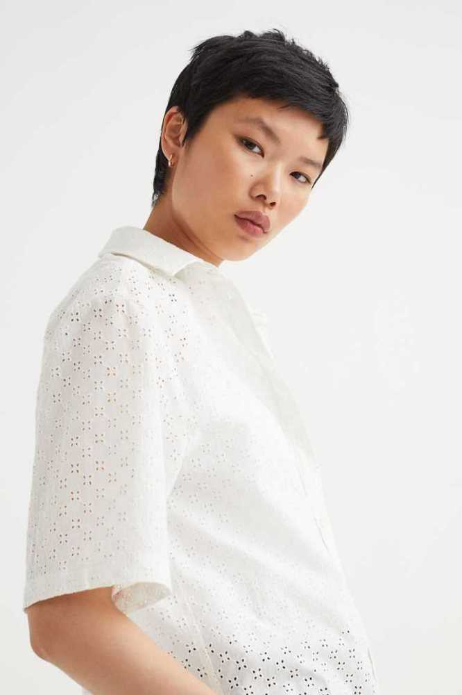 H&M Eyelet Embroidery Shirt Bluse Damen Weiß | 5274-RPEHD