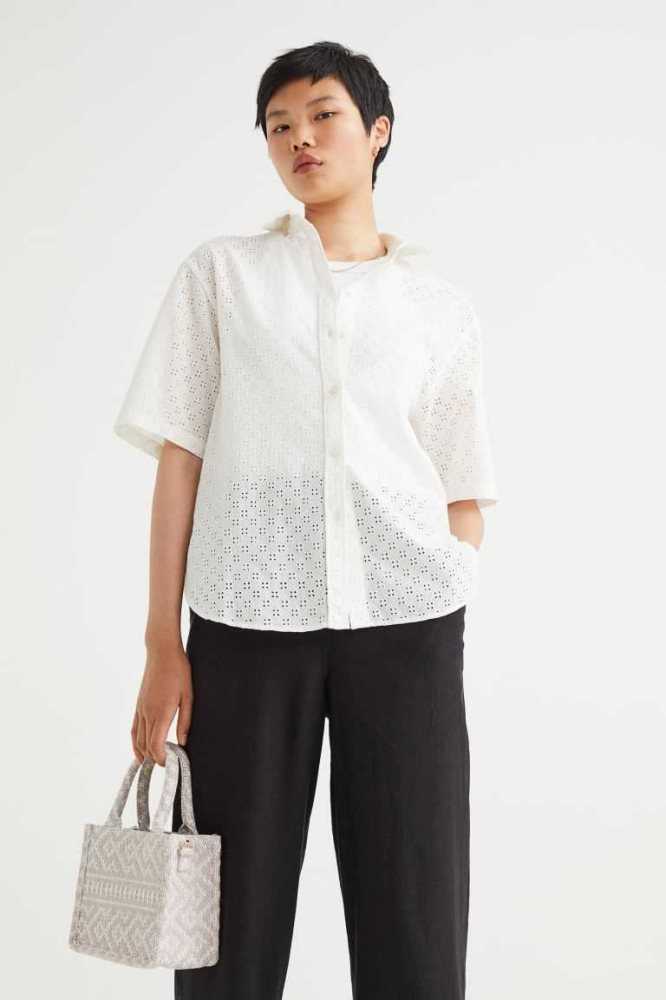 H&M Eyelet Embroidery Shirt Bluse Damen Weiß | 5274-RPEHD