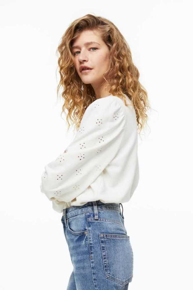 H&M Eyelet Embroidery Sweatshirt Damen Hellblau | 0739-GAYRP