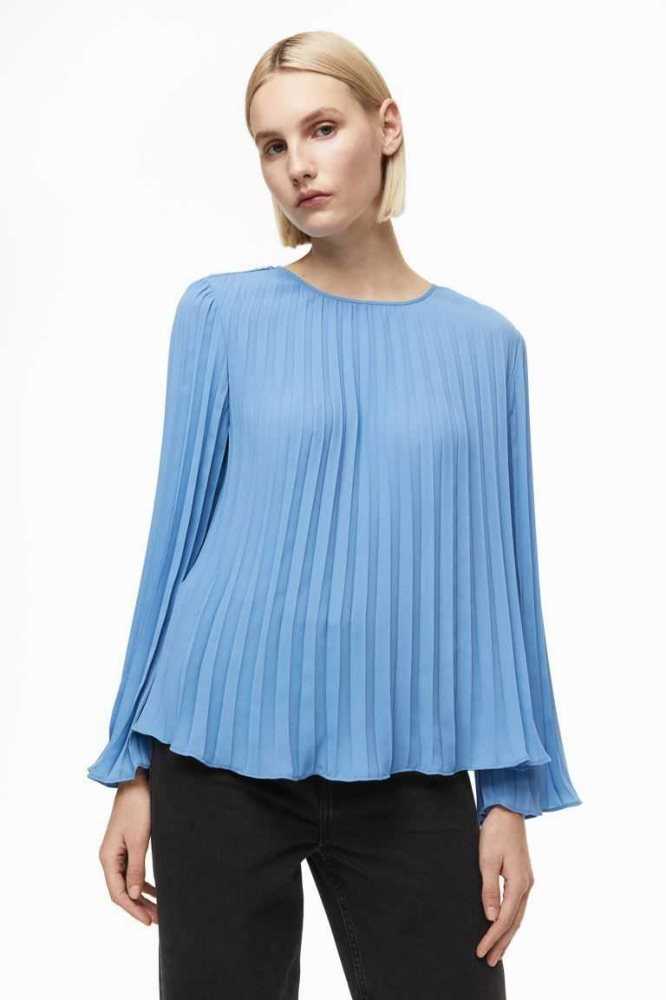 H&M Falten Bluse Damen Hellblau | 2593-MHVDU