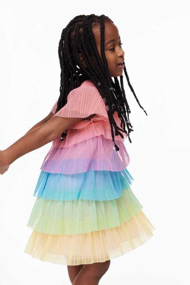 H&M Falten Tulle Kurzes Kleid Kinder Hellrosa Türkis | 5678-RFNOG