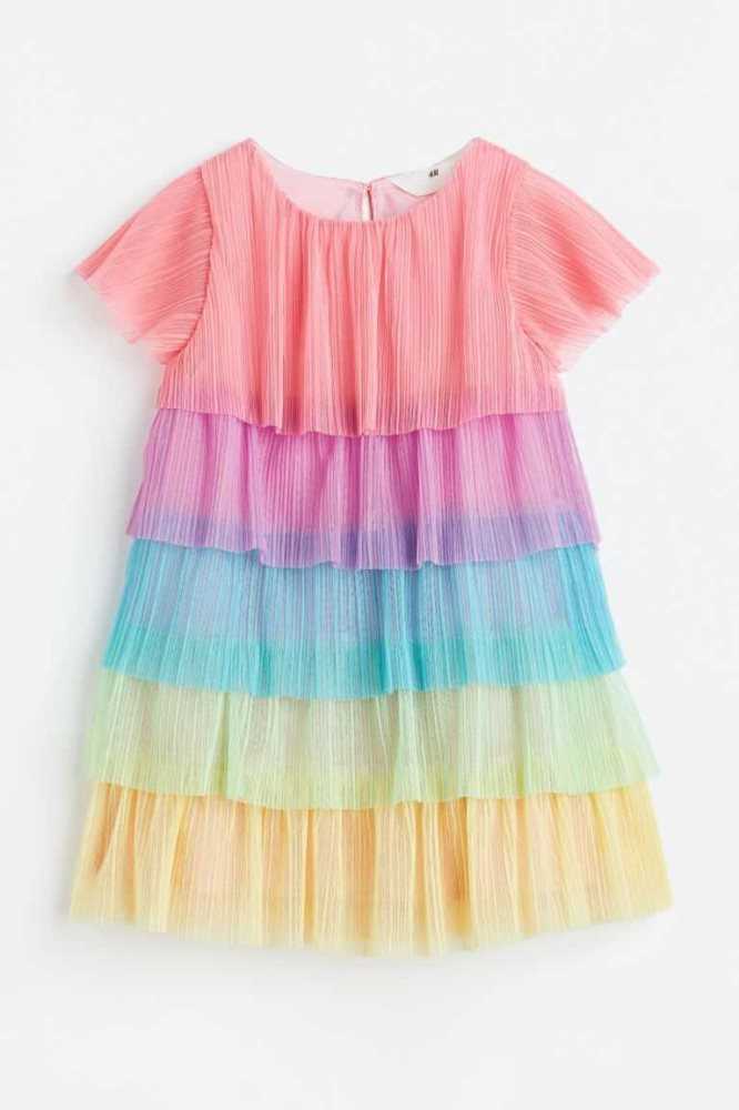 H&M Falten Tulle Kurzes Kleid Kinder Hellrosa Türkis | 5678-RFNOG