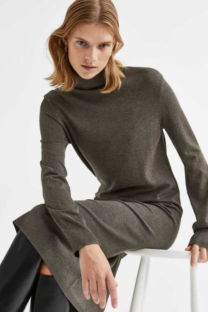 H&M Fine-knit Turtleneck Kleider Damen Dunkelkhaki Grün | 0362-LYSCX