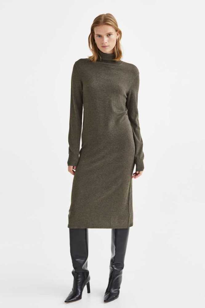 H&M Fine-knit Turtleneck Kleider Damen Dunkelkhaki Grün | 0362-LYSCX