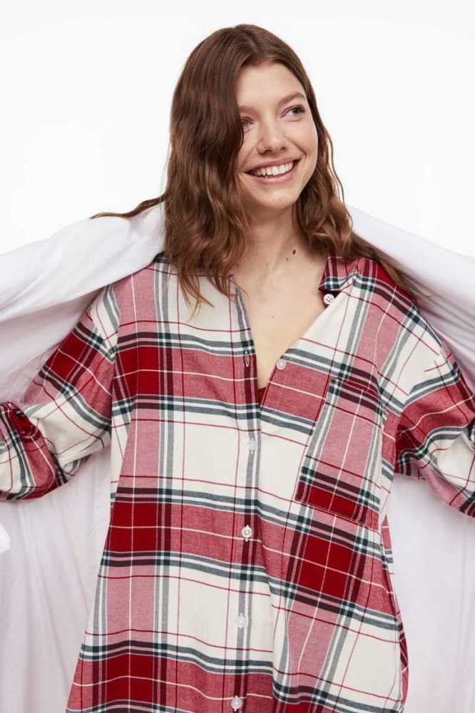 H&M Flannel Nightshirt Nachtwäsche Damen Rot | 8026-ITYPM