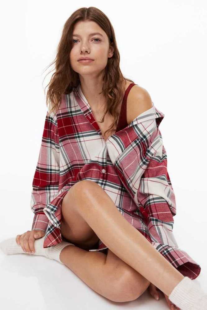 H&M Flannel Nightshirt Nachtwäsche Damen Rot | 8026-ITYPM