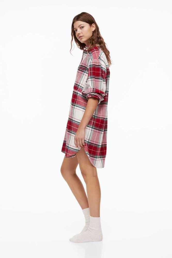 H&M Flannel Nightshirt Nachtwäsche Damen Rot | 8026-ITYPM