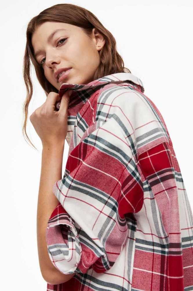 H&M Flannel Nightshirt Nachtwäsche Damen Rot | 8026-ITYPM