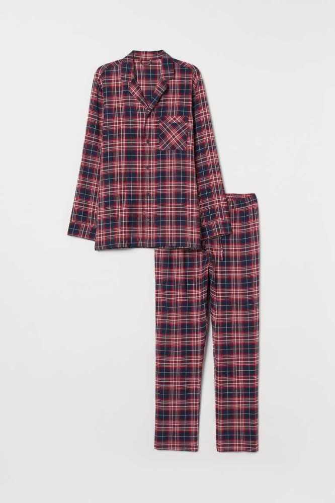 H&M Flannel Pajamas Loungewear Herren Dunkelblau Rot | 8430-KTPDI