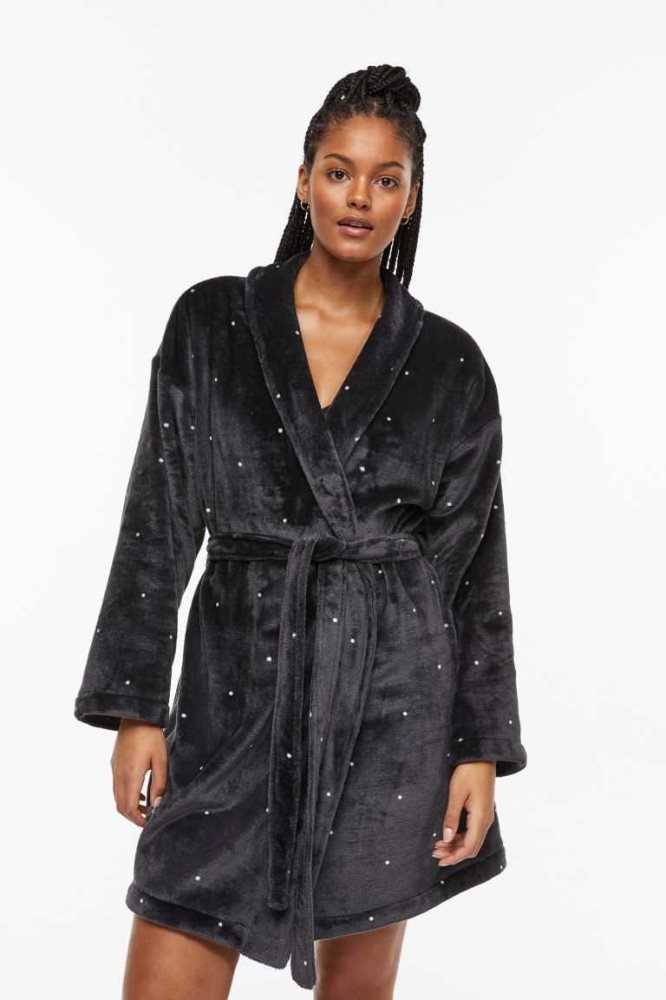 H&M Fleece Bathrobe Nachtwäsche Damen Dunkelgrau | 8014-WXDOP