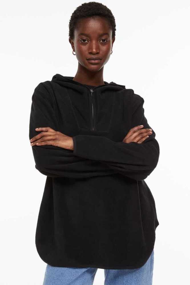 H&M Fleece Hoodie Damen Schwarz | 3086-REOAF